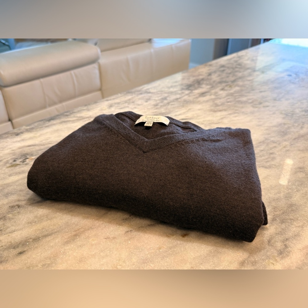 TURNBURY Mens Brown Extra Fine Merino Wool Knitted V-Neck Pullover Sweater 3XL